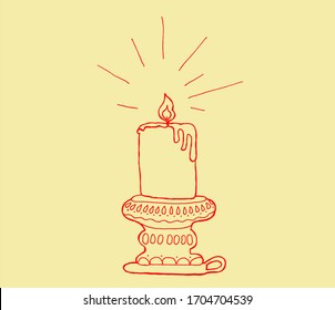 burning candle shines in the dark on creme background. hand drawn vector illustration.