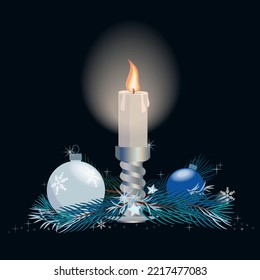 Burning candle with silver, blue, white  christmas decorations on dark  background. Vector illustration