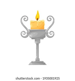 Burning candle in silver candlestick with swirls isolated realistic icon. Vector melting wax paraffin on candle with glowing flame. Retro decorative illumination object, Christmas and Halloween decor