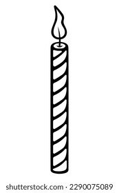 Burning candle. Sketch. The flame is wriggling. Twisted pattern on a paraffin candle. Decoration for a birthday cake. Vector illustration. Coloring book. Doodle style. Outline on isolated background. 