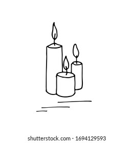 Burning candle. Sketch style hand drawn elements. Stock outline vector illustration, isolated on white background.