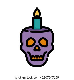 Burning candle with skull icon. Filled outline design. Old human skull with burning candle. Holiday event halloween. Vector Illustration.