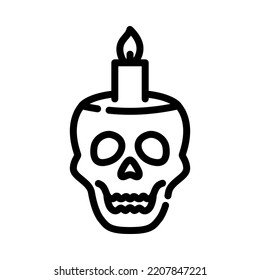 Burning candle with skull icon. Outline design. Old human skull with burning candle. Holiday event halloween. Vector Illustration.