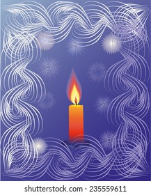 Burning candle and snowflakes. Vector illustration.