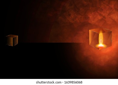 Burning candle in the sparkly crystal cube in the night. Beautiful abstract background gems shape on black background.