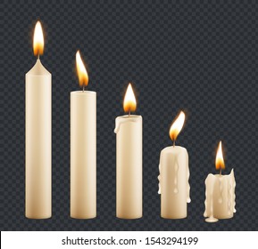 Burning candle. Stages combustion of wax decorative candle light flame vector keyframe animation