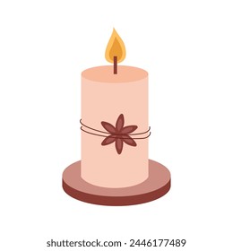 Burning candle with star anise. Aroma candle in scandi style illustration on white background.