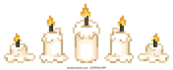 Burning candle step by step, melting candle flame, fire, in white color vector pixel art for element, game, icon, sticker