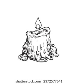 Burning candle stub in hand drawn sketch style. Retro vintage  beewax candle illustration. Vector drawing isolated on white.