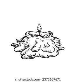 Burning candle stub in hand drawn sketch style. Retro vintage  beewax candle illustration. Vector drawing isolated on white.