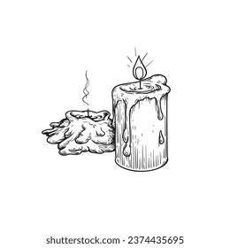 Burning candle and candle stub in hand drawn sketch style. Retro vintage  beewax candle illustration. Vector drawing isolated on white.