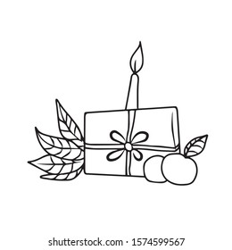 A burning candle upon which a package-gift with the leaves and near are two of the fruit . Holiday
 .On hand-drawn, on a white isolated background.Design for greeting card,banner ,coloring