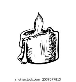 A burning candle. Vector black and white graphics. Hand-drawn illustration on a white background. An element of the design of postcards, flyers, posters. For labels, flyers, banners and more.