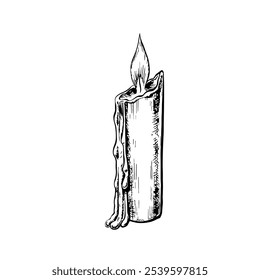 A burning candle. Vector black and white graphics. Hand-drawn illustration on a white background. An element of the design of postcards, flyers, posters. For labels, flyers, banners and more.
