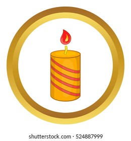Burning candle vector icon in golden circle, cartoon style isolated on white background