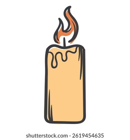 A burning candle. Vector illustration for sticker, icon, print. Simple Hand Drawn Image Isolated on White Background