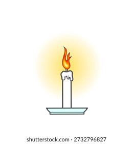 Um vetor de vela ardente em um suporte, vela branca, suporte azulado, chama cintilante, gradiente de cor para a luz