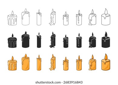 Burning Candle Vector Set – Outline, Solid, and Color Icons