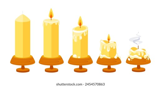 Burning candle. Wax candle collection in cartoon style. Aroma SPA candles. Beeswax, paraffin and soy