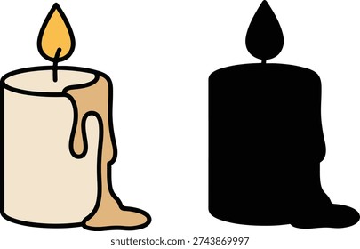 burning candle with wax dripping down its side. isolated on white background, illustration