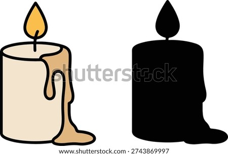 burning candle with wax dripping down its side. isolated on white background, illustration