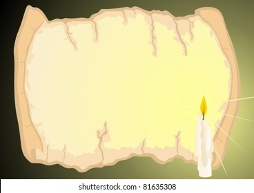 Burning candle wax on the background of old papyrus