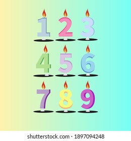 Burning candles. Birthday candles from 1 to 9. Vector illustration