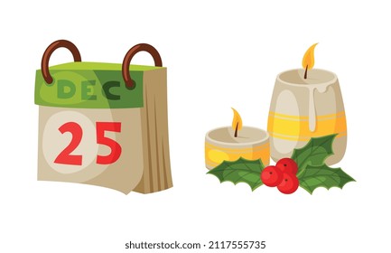 Burning Candles and Calendar as Merry Christmas Holiday Object and Element Vector Set