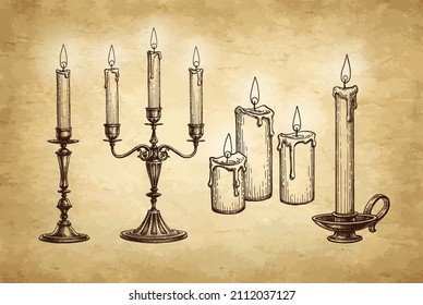 Burning Candles Candelabra Candlestick Ink Sketch Stock Vector (Royalty ...