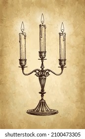 Burning candles in candelabrum. Ink sketch on old paper background. Hand drawn vector illustration. Vintage style stroke drawing.