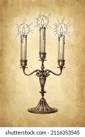 Burning candles in candelabrum. Ink sketch on old paper background. Hand drawn vector illustration. Retro style stroke drawing.