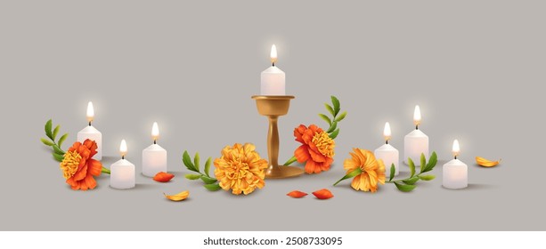 Burning candles in a candlestick and marigold flowers. Festive composition for Diwali festival or Day Of Dead