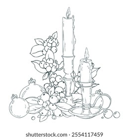 Burning candles in candlesticks with balls, snowberry branches. Line art is a simple hand-drawn illustration in black and white ink. Composition arrangement vector EPS. Christmas, New Year