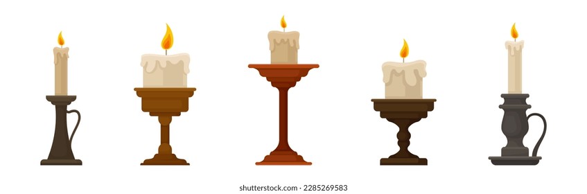 Burning Candles in Candlesticks and Vintage Candle Holders Vector Set