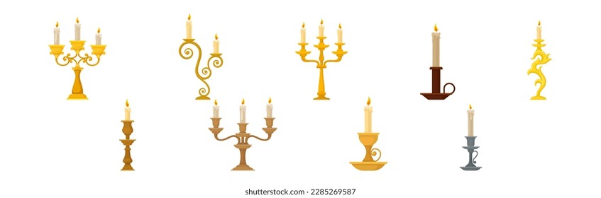 Burning Candles in Candlesticks and Vintage Candle Holders and Candelabrums Vector Set