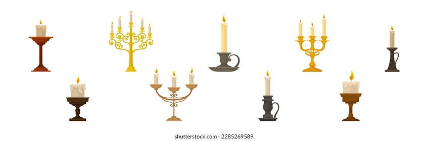 Burning Candles in Candlesticks and Vintage Candle Holders and Candelabrums Vector Set