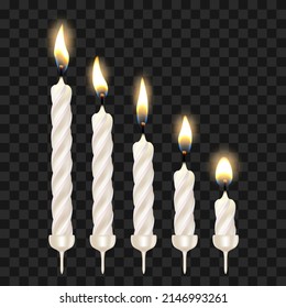 Burning Candles Celebrating Accessory Set Vector. Burn Festive Birthday Candles, Cake Decoration For Counting Age. Glow Flame Ornament For Celebrate Anniversary Template Realistic 3d Illustrations