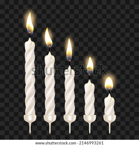 Burning Candles Celebrating Accessory Set Vector. Burn Festive Birthday Candles, Cake Decoration For Counting Age. Glow Flame Ornament For Celebrate Anniversary Template Realistic 3d Illustrations