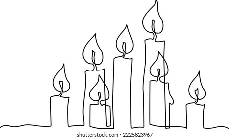 Burning candles. Christmas decoration. Attribute of a romantic evening. Divination by candlelight. Continuous line drawing. Vector illustration