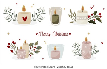 Brennende Kerzen für die Weihnachtsdekoration. Aromatische Kerzen in Glas mit Winterbotanik. Hell handgezeichnete Innendekorationen, Vektorgrafik-Set. Dekorationselement für Feiertage 