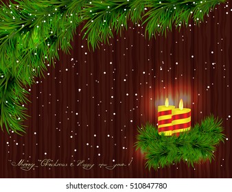 Burning candles, Christmas tree branches, twigs and brown wood background. Vector illustration.