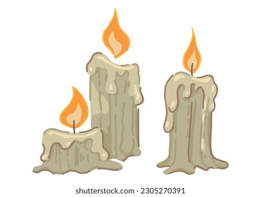 Burning candles clipart. Halloween holiday decor doodle isolated on white. Colored vector illustration in cartoon style..