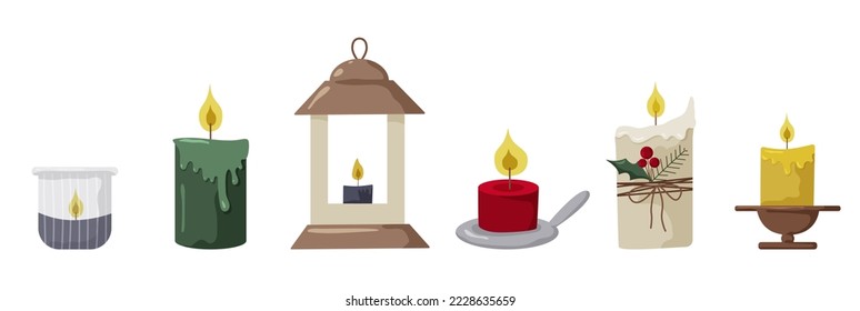 Quemando velas. Decoración de interiores de higos dibujados a mano, conjunto de ilustraciones vectoriales. Diseño decorativo de vacaciones. Estilo boho de velas de Navidad.