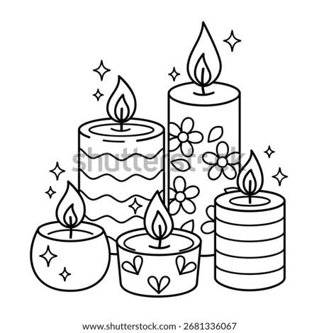 Burning candles doodle set. Different wax candles. Hand drawn black and white isolated, line art. Ideal for web graphic, design, poster, tattoo, stickers, Coloring page, art therapy. Vector image