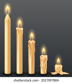 Burning candles with dripping or flowing wax. Yellow candles with golden flame. Lit and melted wax. Arranged from tall to low. Illustration of beautiful glowing candles on dark background