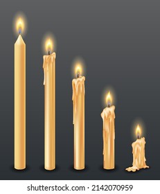 Burning candles with dripping or flowing wax. Yellow candles with golden flame. Lit and melted wax. Arranged from tall to low. Illustration of beautiful glowing candles on dark background