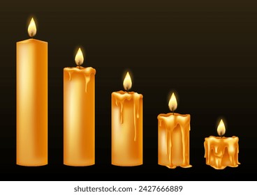 Burning candles with dripping or flowing wax. Yellow candles with golden flame. Lit and melted wax. Arranged from tall to low. Illustration of beautiful glowing candles on dark background