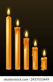 Burning candles with dripping or flowing wax. Yellow candles with golden flame. Lit and melted wax. Arranged from tall to low. Illustration of beautiful glowing candles on dark background