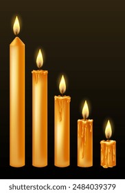 Burning candles with dripping or flowing wax. Yellow candles with golden flame. Lit and melted wax. Arranged from tall to low. Illustration of beautiful glowing candles on dark background