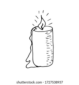Burning candles. Dripping wax. Black lines on a white background. Doodle vector illustration.